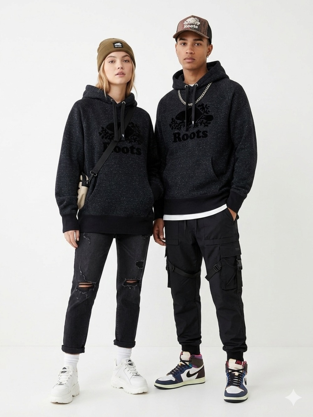 Roots Black Heathered Hoodie Sweatshirt size XS